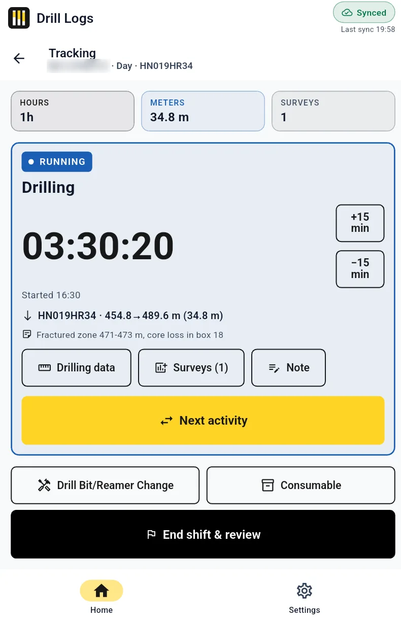 Activity timer: Drilling timer running, hole 454.8 → 489.6 m (34.8 m), surveys and notes one tap away
